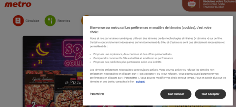  Une capture d'écran d'un site web demandant les préférences en matière de cookies de l'utilisateur. Les options sont "Afficher les paramètres des cookies" et "Accepter tous les cookies".