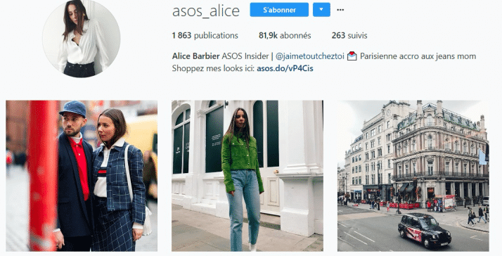 Une publication de l'influenceuse Instagram Alice Barbier faisant la promotion d'ASOS.