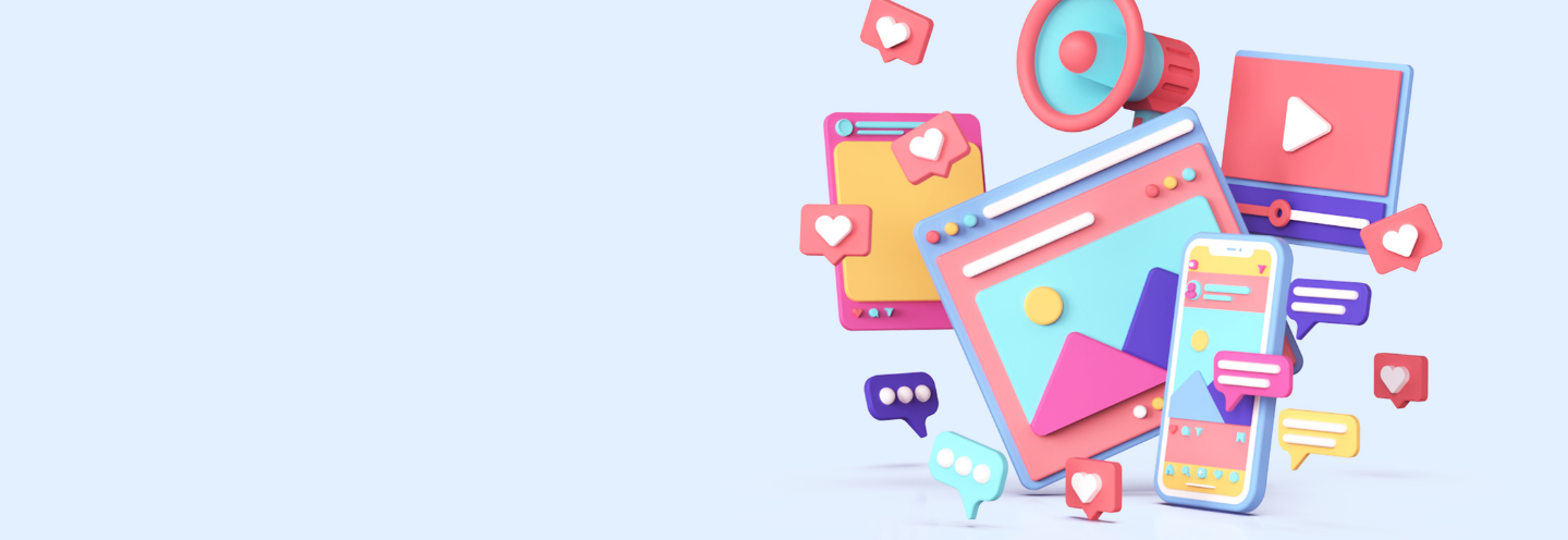 illustration of 3D social media icons and a smartphone.