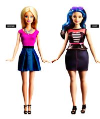 Two Barbie dolls. The one on the left has the "original" body shape and the one on the right has the "curvy" body shape.