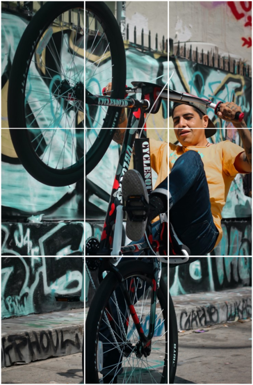 Photo d’un garçon à vélo avec une grille 3 × 3 superposée.