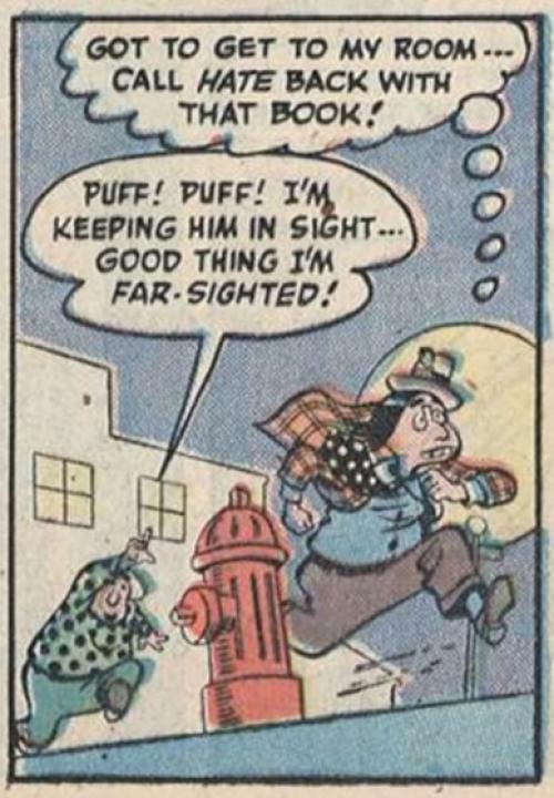 Plan en contre-plongée tiré de la bande dessinée Plastic Man, par Jack Cole.