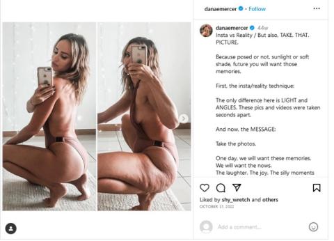 Une publication Instagram de Dana Mercer. À gauche, une image posée et éclairée pour correspondre aux normes de beauté conventionnelles. À droite, une image montrant une apparence plus naturelle. La légende indique : 'Instagram versus réalité.'