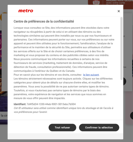 Une capture d'écran d'un site web montrant la deuxième couche des options de cookies. Les options sont "Autoriser tous", "Rejeter tous" et "Confirmer mes choix".