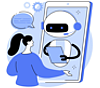 Illustration of a woman interacting with a chatbot robot on a large smartphone screen.