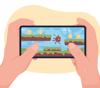 Illustration of hands holding a smartphone showing a video game on the screen.