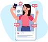 Illustration of a person taking a selfie with social media reactions appearing around them.